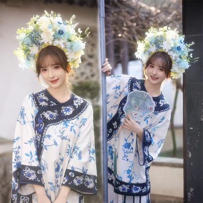 两件套泉州浔埔女簪花新中式国风清朝服装晚清汉服女W青花瓷马面