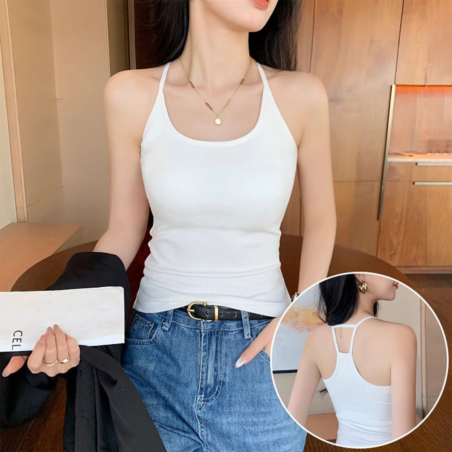 美背挂脖吊带背心女2026新款外穿文胸一体运动打底白色内搭上衣夏