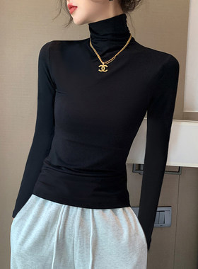黑色莫代尔高领打底衫女士内搭春秋冬堆堆领加绒洋气长袖上衣t恤