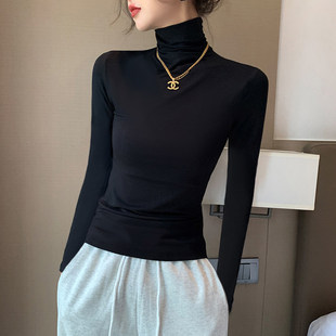 黑色莫代尔高领打底衫女士内搭春秋冬堆堆领加绒洋气长袖上衣t恤