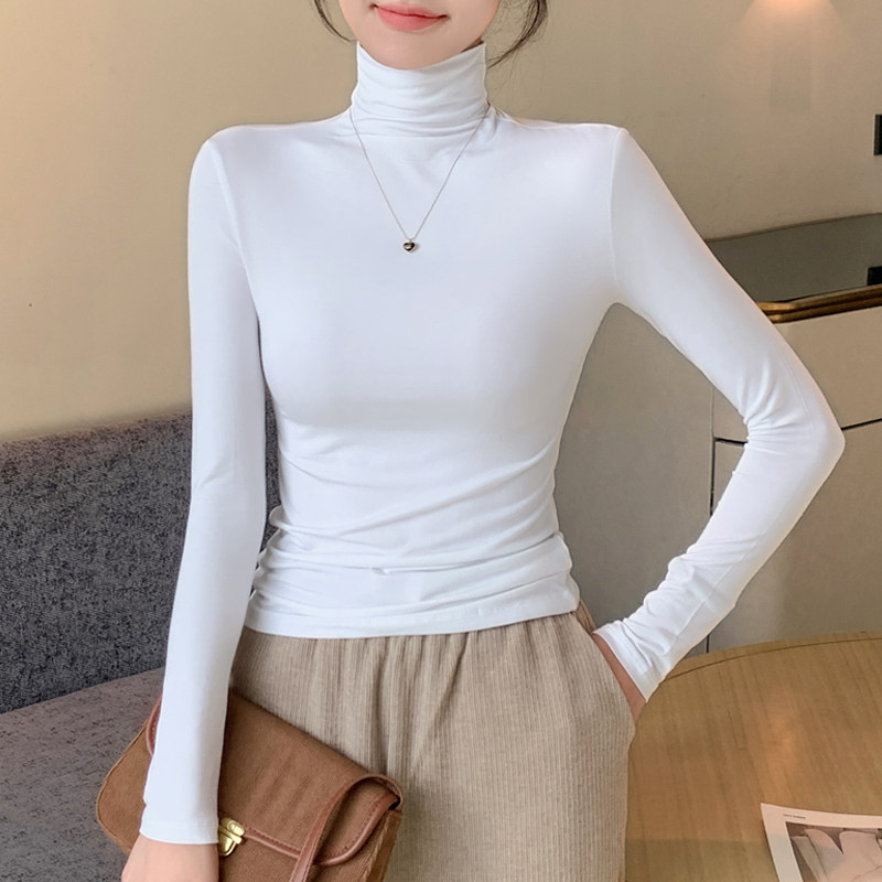 白色莫代尔高领打底衫女内搭2026新款春秋紧身长袖洋气堆堆领上衣