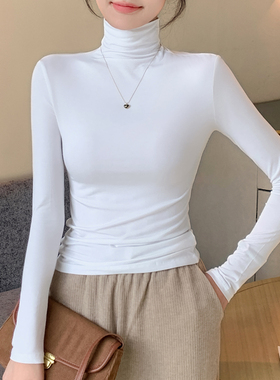 白色莫代尔高领打底衫女内搭2025新款春秋紧身长袖洋气堆堆领上衣