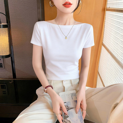 白色一字肩短袖修身显瘦T恤女