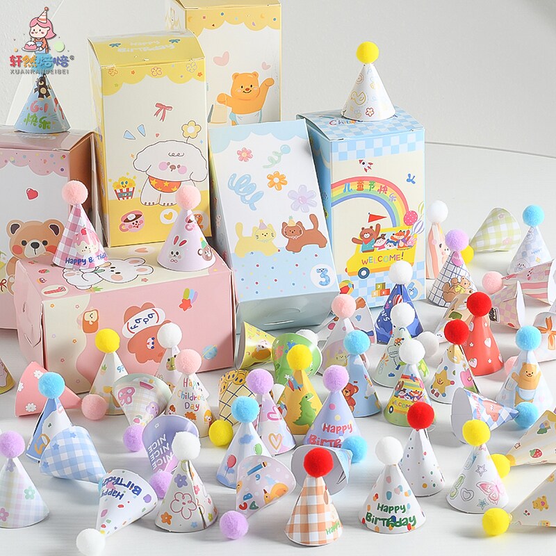 网红迷你生日帽生日蛋糕装饰品摆件复古 ins风烘焙毛球小帽子插件