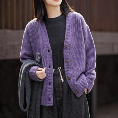 超减龄香芋紫!秋冬100%纯羊毛V领宽松开衫外套女慵懒风加厚毛衣
