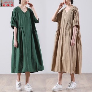 宽松大C码 短袖 女韩版 夏装 文艺纯色V领褶皱大摆口袋连衣裙 2024新款