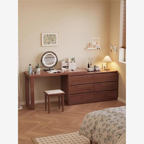 全实木北欧梳妆台斗柜书桌一体卧室转角化妆桌可伸缩L型收纳柜
