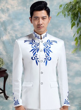 白色夏季上衣裤子大码中山服中山装男士司仪合唱团演出服主持礼服