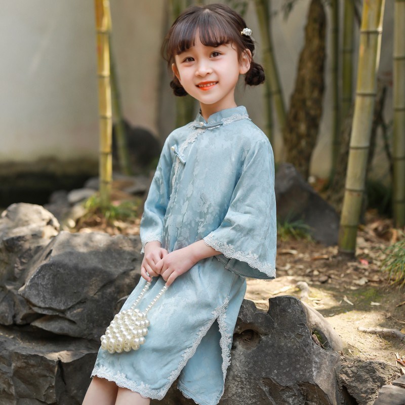 女童浅蓝色花边提花旗袍宝宝中国风宽袖汉服连衣裙子2024夏款童装