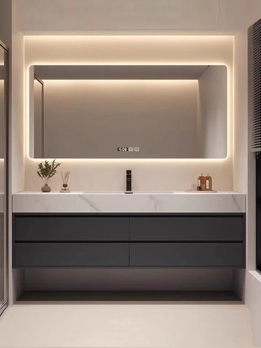 席玛梦实木浴室柜岩板陶瓷无缝一体盆卫生间洗脸洗手盆洗漱台组合