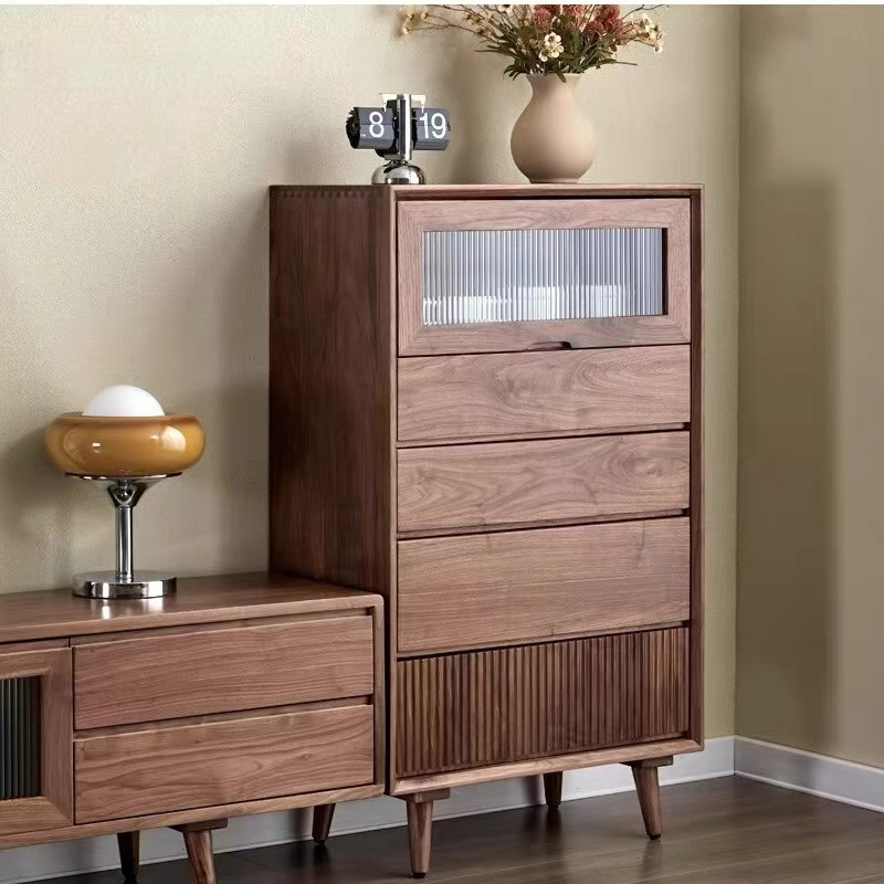 实木日式简约卧室收纳电视边柜胡桃木玻璃北美储物柜客厅五斗柜黑