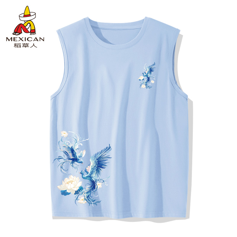 稻草人纯棉男士背心夏季外穿运动坎肩国风凤凰无袖t恤衫男款坎袖Z