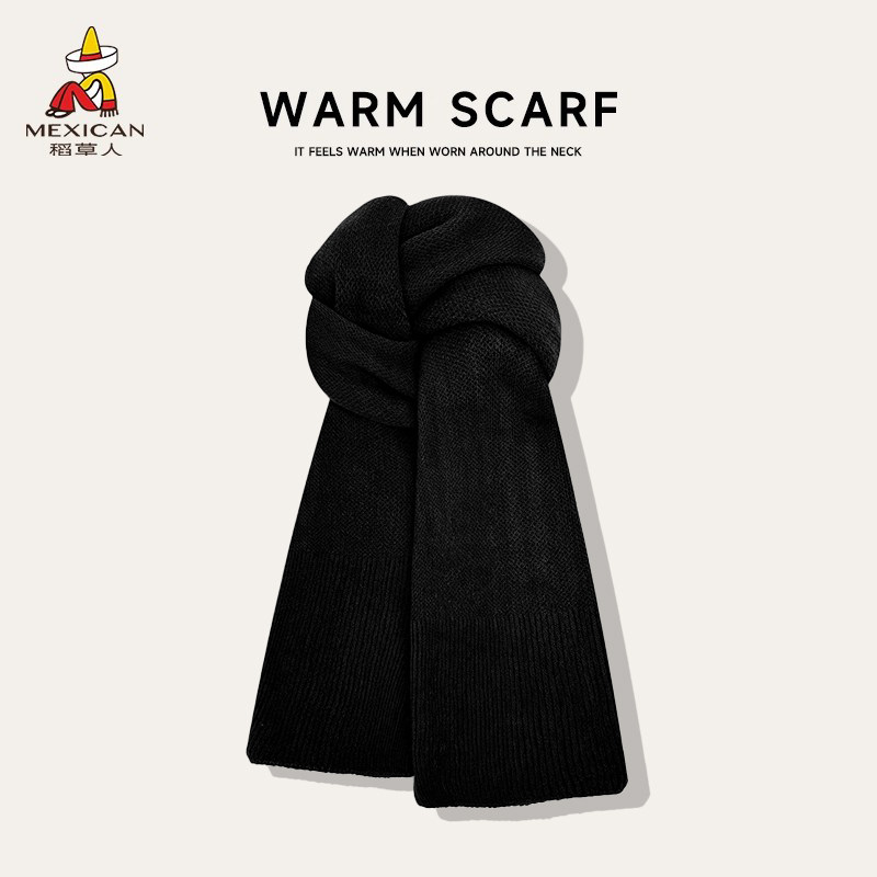 稻草人黑色围巾女男冬季2025新款韩版百搭保暖潮日系毛线针织围脖