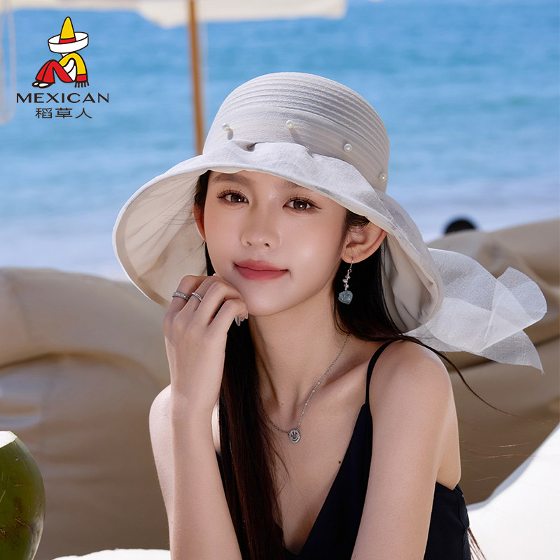 稻草人夏季女士大帽檐渔夫帽防晒透气遮阳帽防紫外线度假沙滩帽子