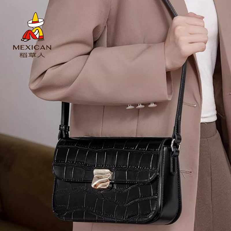 稻草人包包女包2025新款时尚单肩包鳄鱼纹小方包豆腐包腋下包正品
