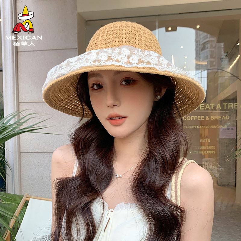 稻草人夏季女士宽檐草帽蕾丝渔夫帽防晒遮阳帽出游度假沙滩百搭