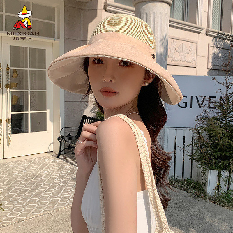 稻草人大头围渔夫帽女夏季防晒透气遮阳帽可折叠度假草帽出游休闲