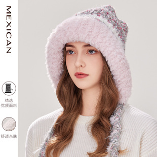 稻草人加厚毛线帽子女冬季新款网红针织撞色堆堆辫子护耳雷锋保暖