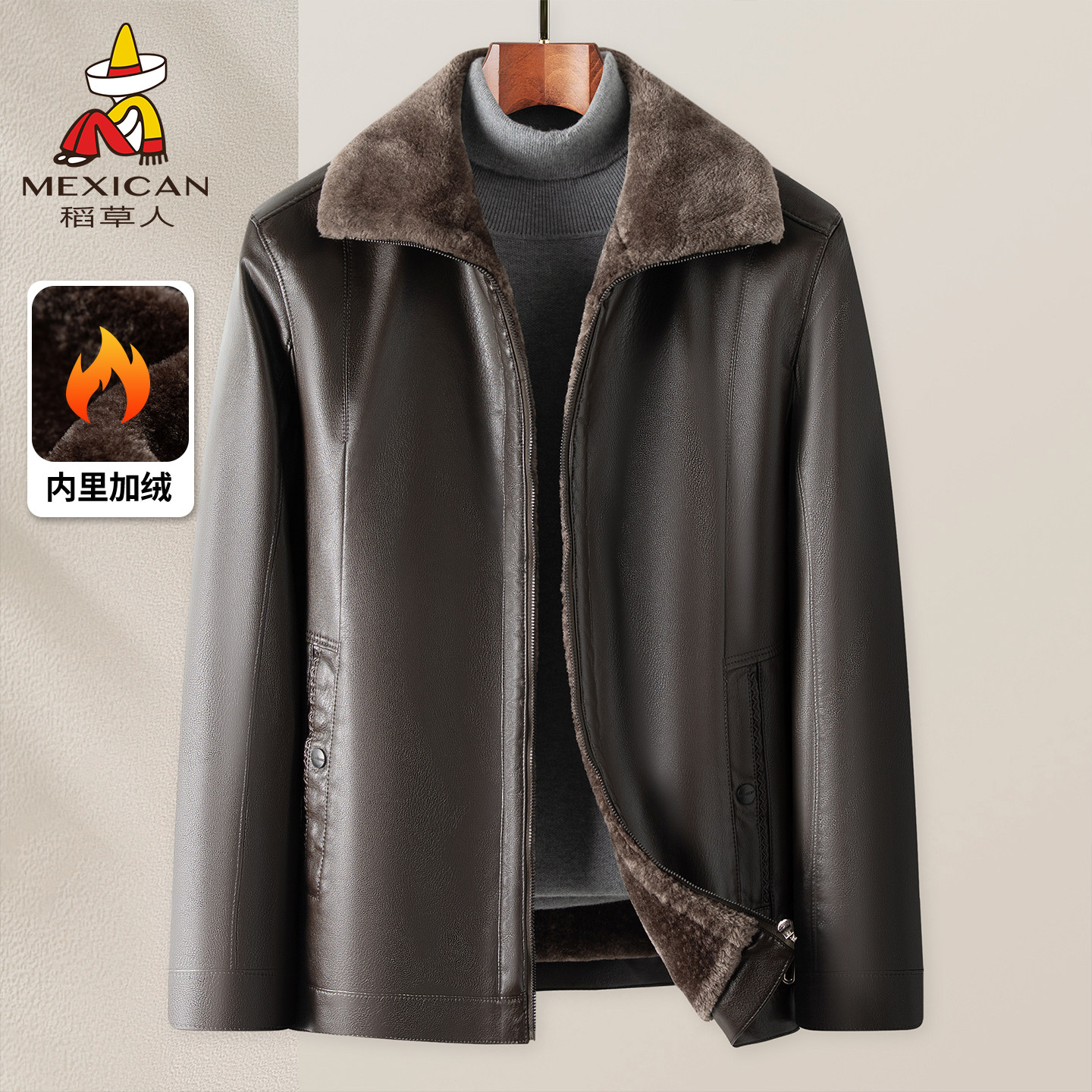 稻草人爸爸冬装皮衣外套加绒加厚中老年新款保暖皮毛一体皮夹克J