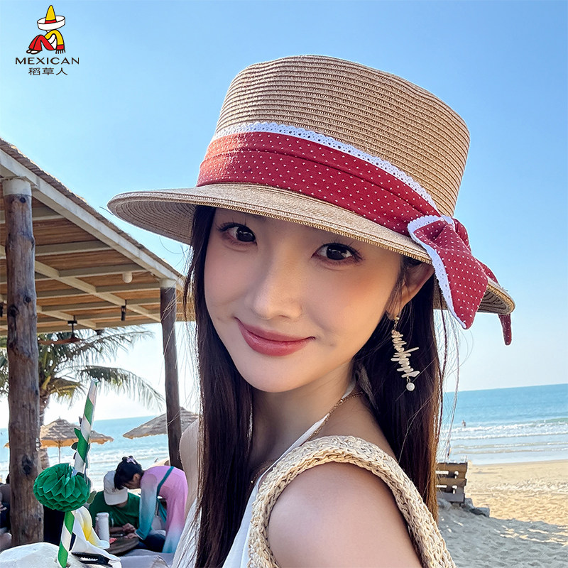 稻草人法式波点草编平顶草帽女夏季透气海边度假沙滩防晒遮阳帽