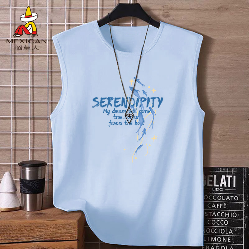 稻草人背心男夏季外穿休闲无袖t恤衫青少年宽松纯棉运动坎肩砍袖Z