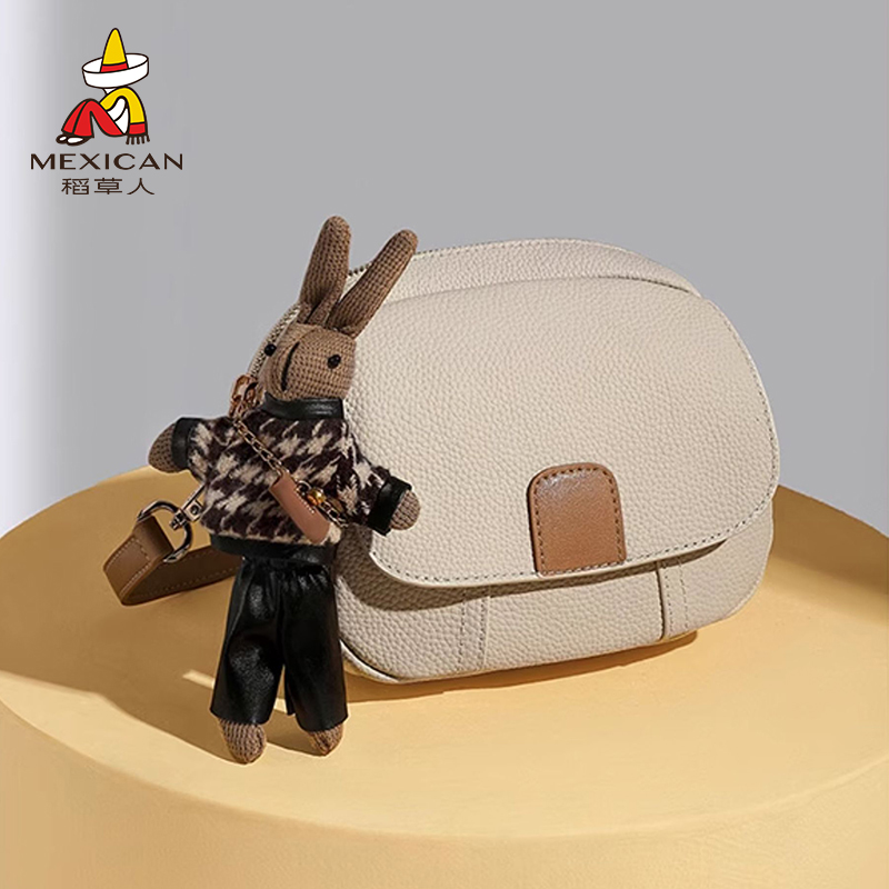 稻草人真皮包包女包2025新款时尚牛皮单肩包撞色小圆包斜挎包正品