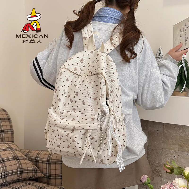 稻草人新款小清新印花背包高颜值甜美少女心蝴蝶结旅游百搭小背包