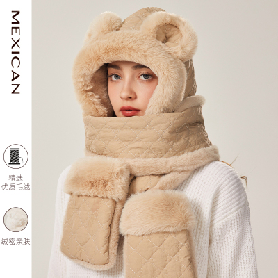 稻草人可爱小熊帽子围巾手套一体