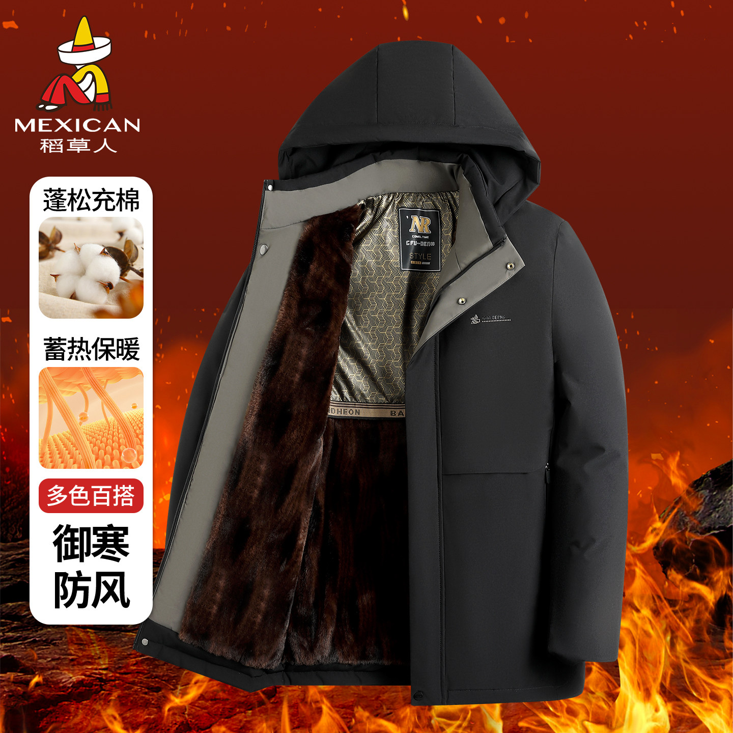 稻草人金貂绒派克服男士加厚棉服外套冬季中老年爸爸装御寒棉衣J