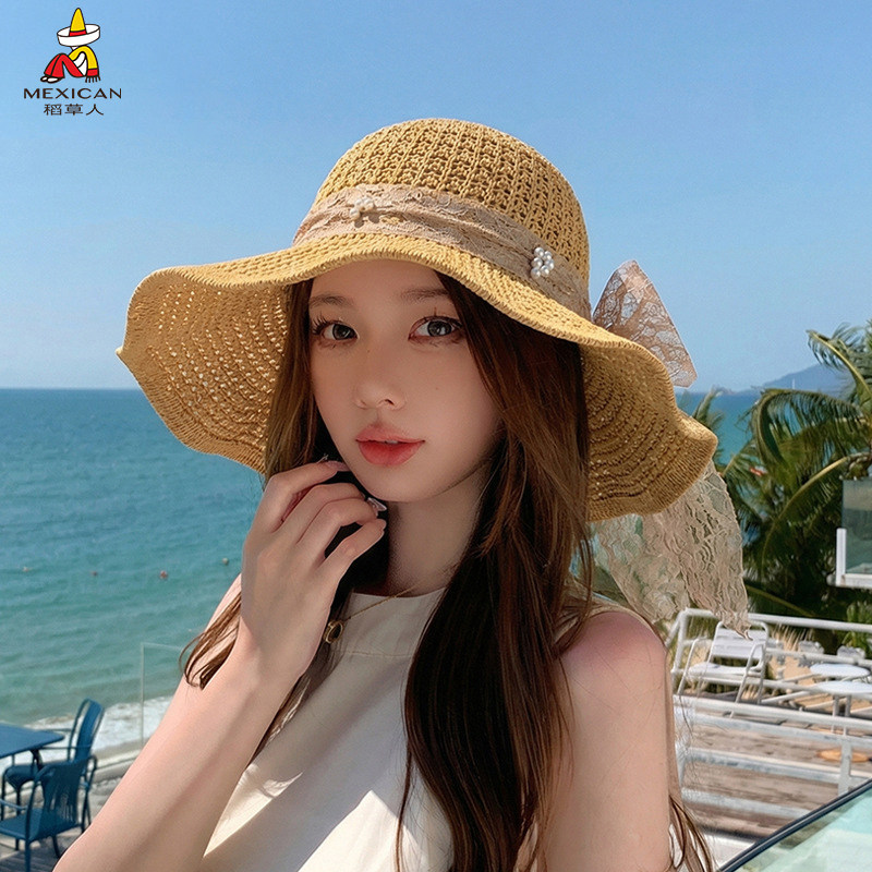 稻草人法式编织草帽蝴蝶结女夏季大帽檐显脸小海边度假防晒遮阳帽