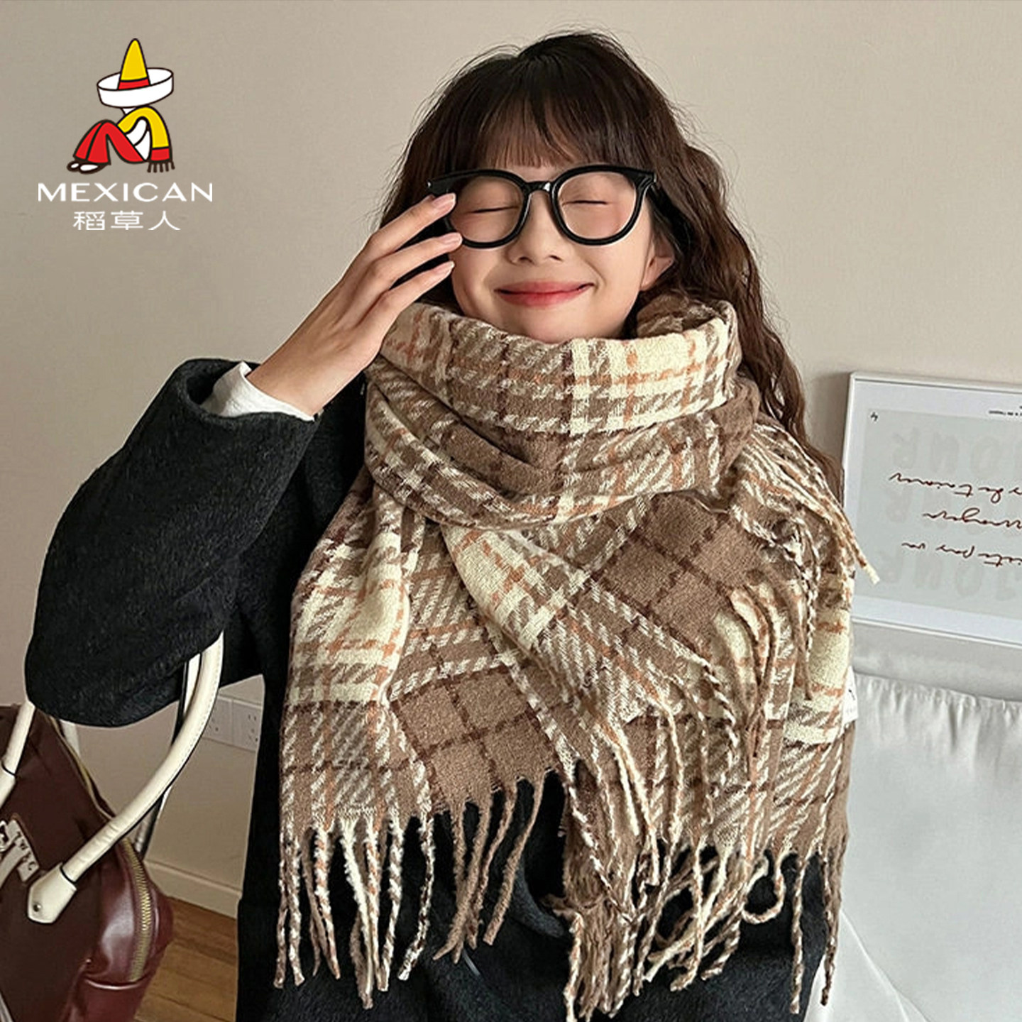 稻草人秋冬围巾女仿羊绒格子保暖披肩韩系学生围脖生日礼物高级感