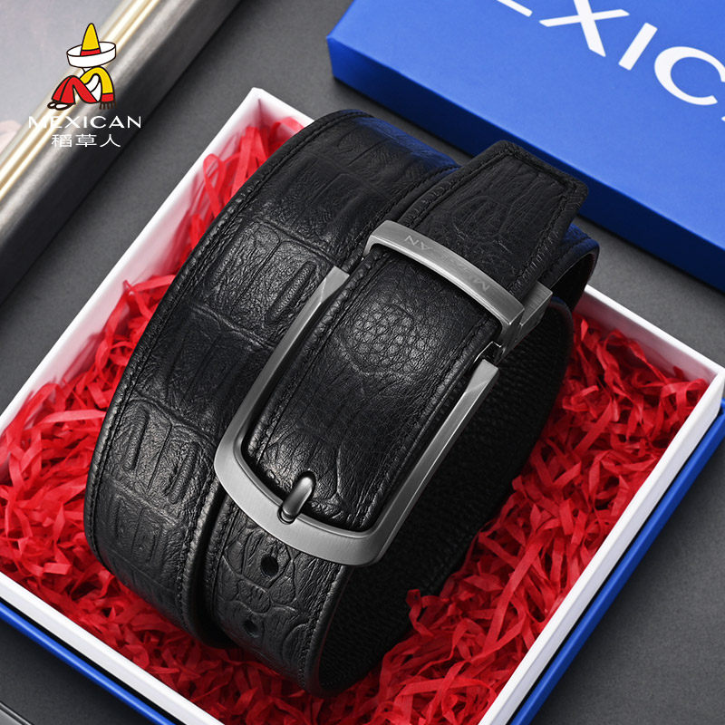 稻草人皮带男真皮鳄鱼纹针扣牛皮休闲牛仔裤年轻人官方正品腰带潮