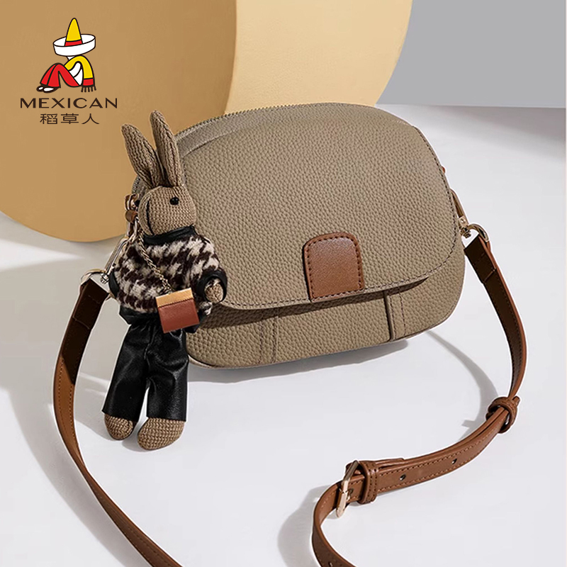 稻草人真皮包包女包2025新款时尚牛皮单肩包撞色小圆包斜挎包正品