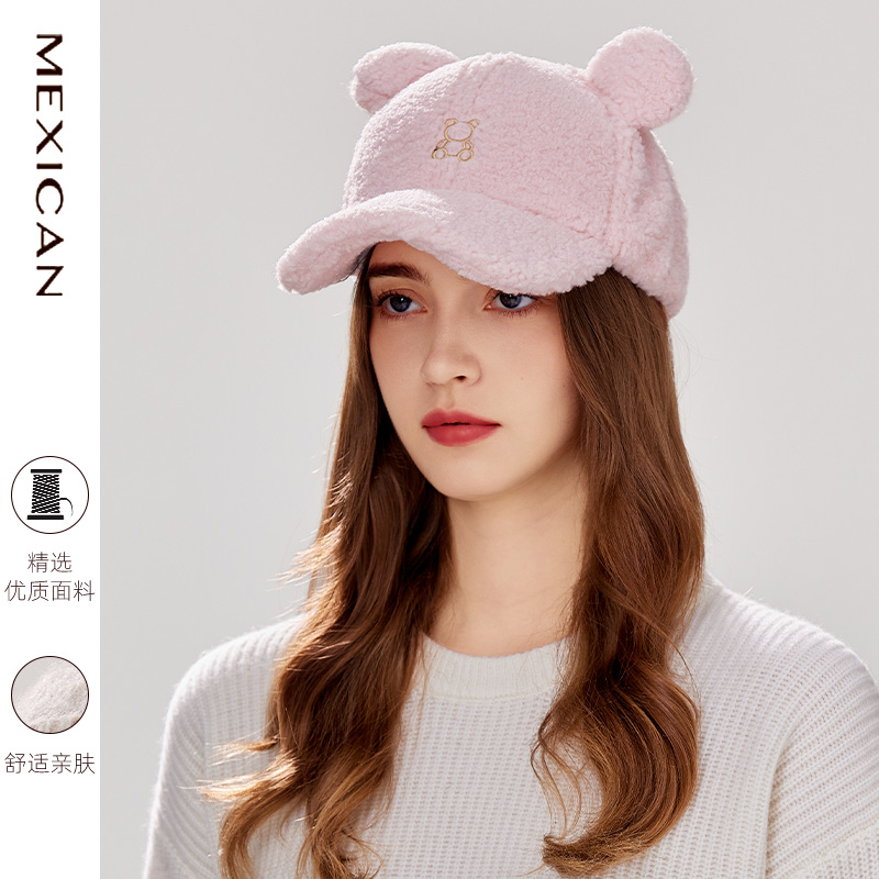 稻草人冬毛绒棒球帽女小熊耳朵可爱文艺少女显脸小大帽檐鸭舌帽子