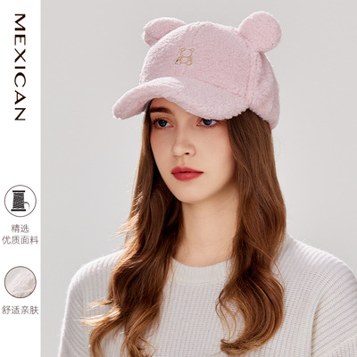 稻草人冬毛绒棒球帽女小熊耳朵可爱文艺少女显脸小大帽檐鸭舌帽子