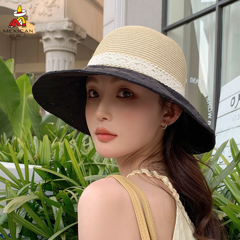 稻草人法式蕾丝草编帽女夏季防晒透气遮阳帽大檐帽度假沙滩帽子