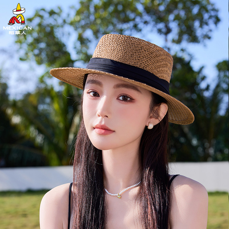 稻草人法式宽檐草帽女夏季透气海边度假遮阳防晒平顶礼帽沙滩帽
