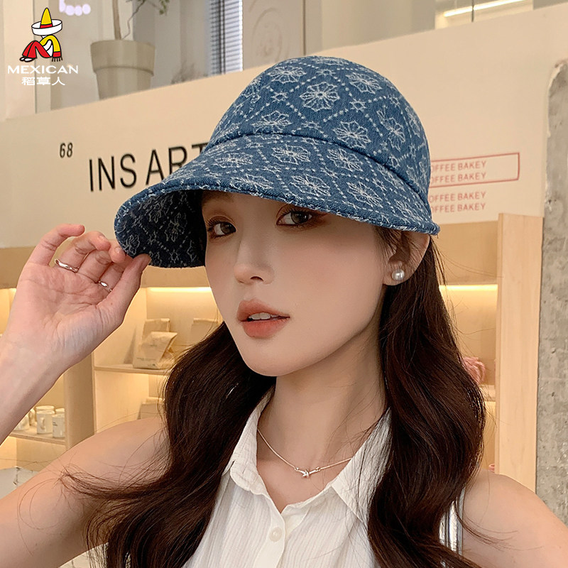 稻草人日系牛仔渔夫帽女夏季大帽檐防晒遮阳水桶帽户外百搭盆帽