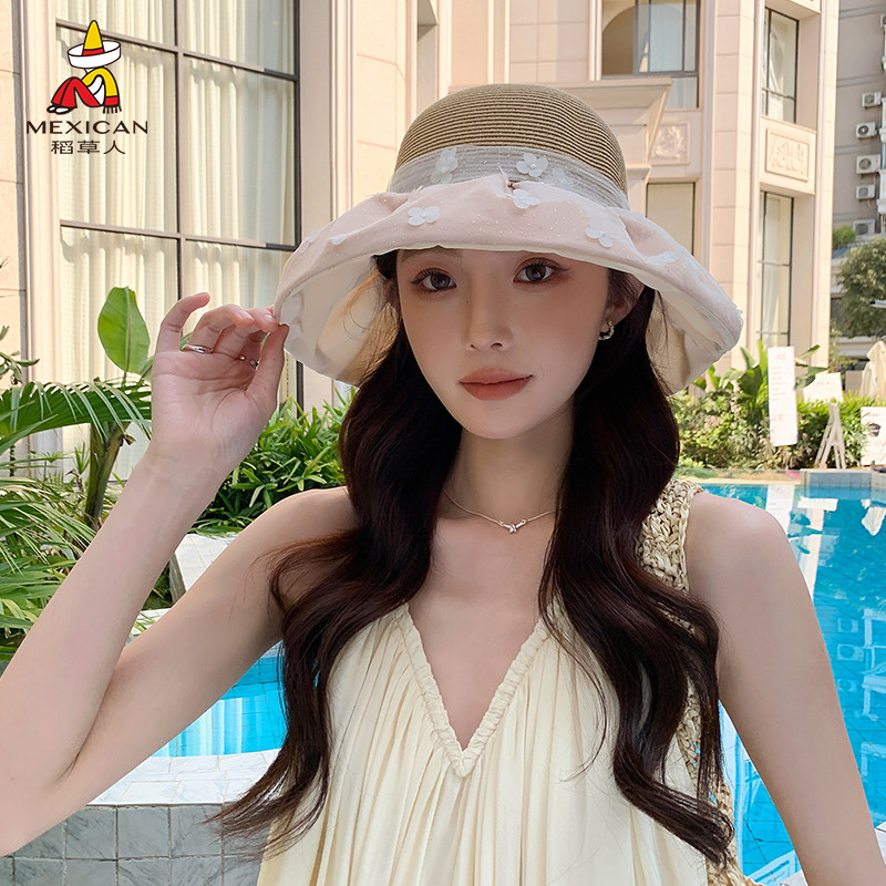 稻草人蝴蝶结大帽檐草编帽女夏季防晒遮阳帽度假沙滩出游防紫外线