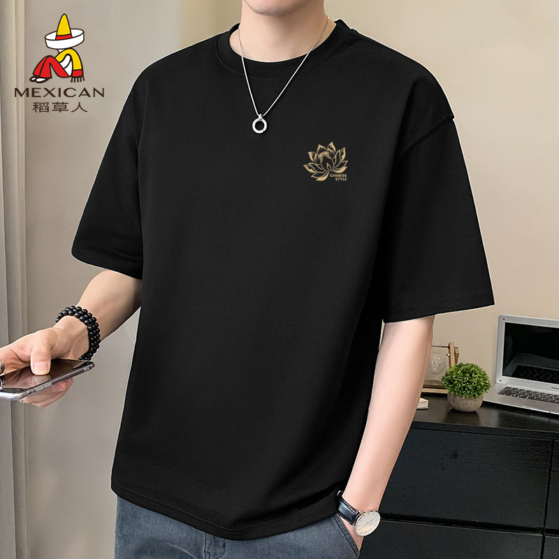 稻草人莲花黑色短袖t恤男款夏季宽松运动大码新款官方旗舰半截袖K
