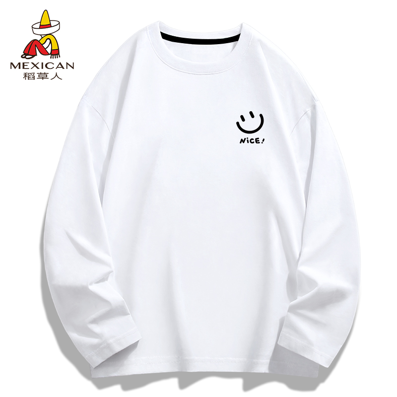 稻草人纯棉长袖t恤男潮牌新款早秋圆领舒适宽松上衣青少年体恤衫Z