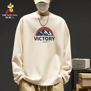 稻草人趣味山峰卡通长袖t恤男秋季纯棉宽松青少年大码潮流打底衫K