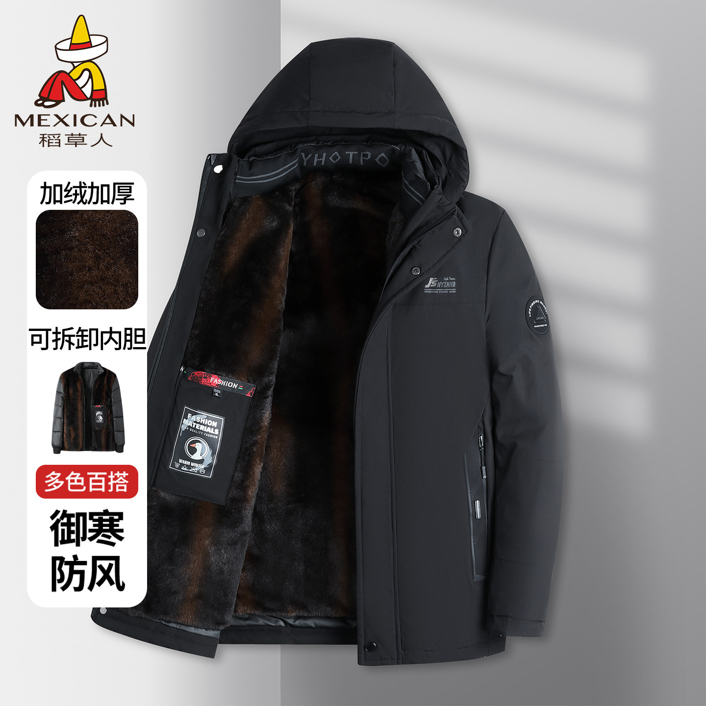 稻草人中老年冬季加绒加厚棉服男貂绒派克服可拆棉衣外套爸爸装J