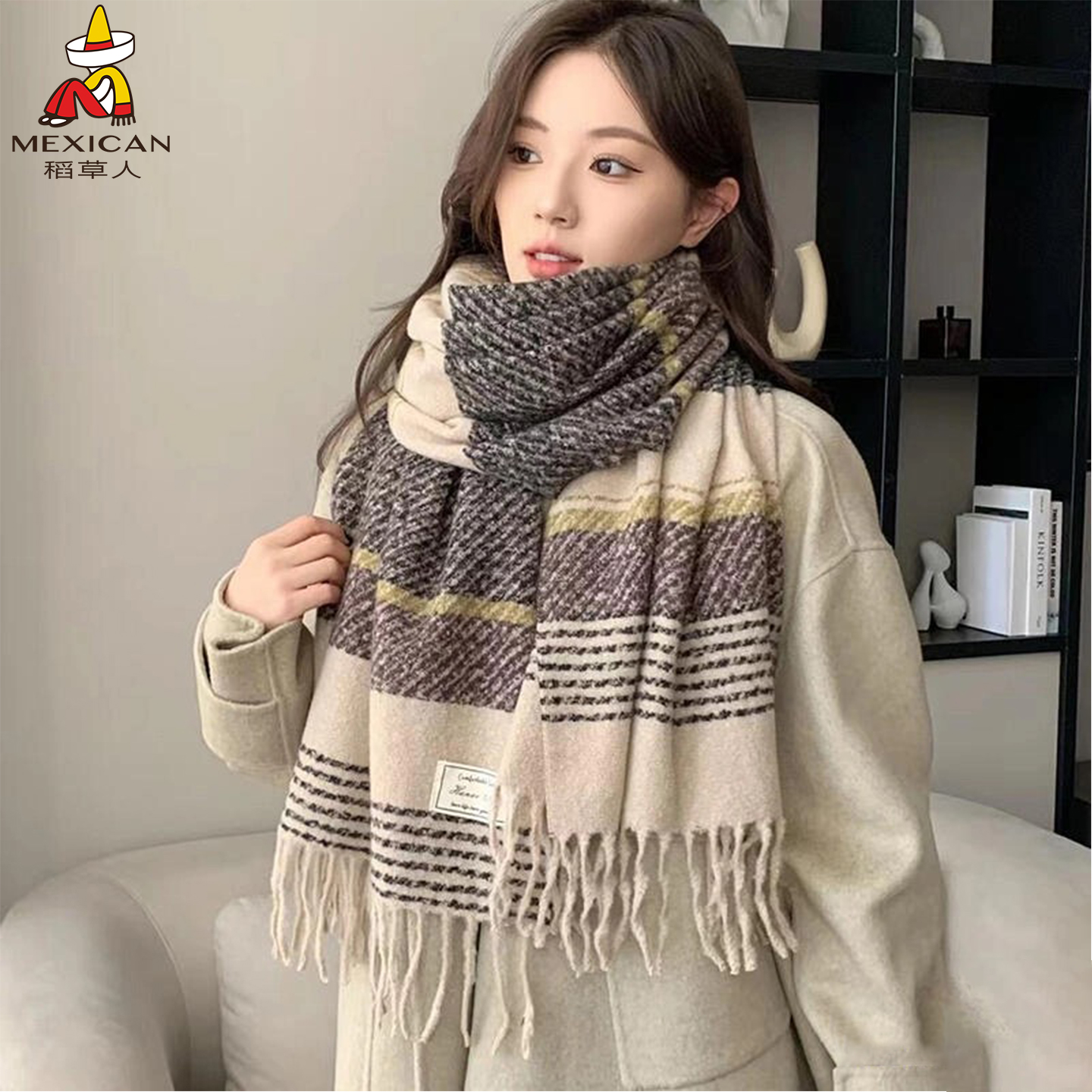 稻草人高颜值韩系格子围巾女冬季