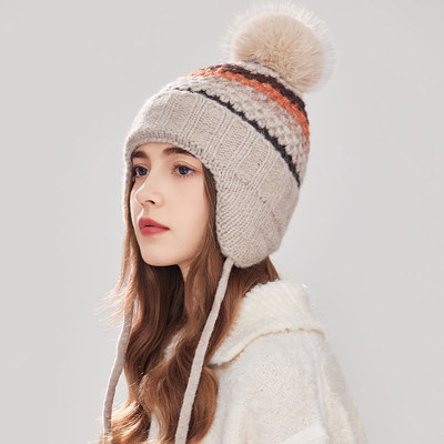 稻草人官方正品帽子女冬天保暖骑车防风防寒民族风针织毛毛推推帽