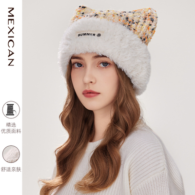 稻草人猫耳朵毛绒帽子女冬季大头围加厚保暖套头针织线帽护耳冷帽