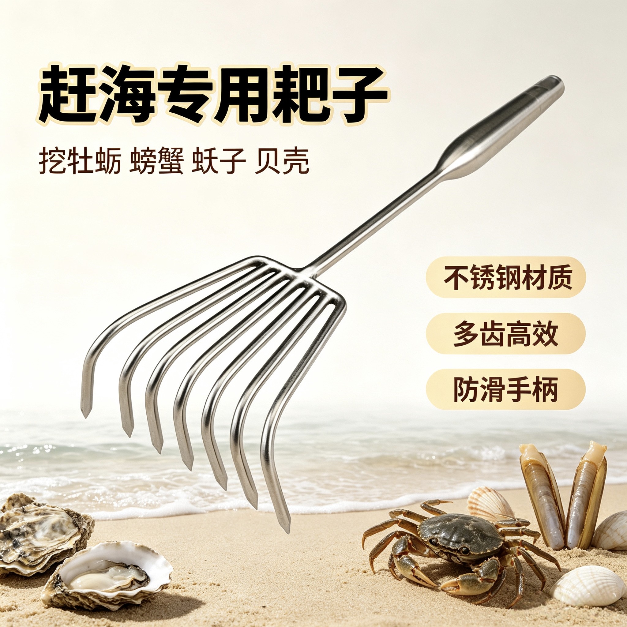 赶海工具不锈钢耙子海边神器沙滩耙子花耙贝壳挖牡蛎螃蟹蛏子