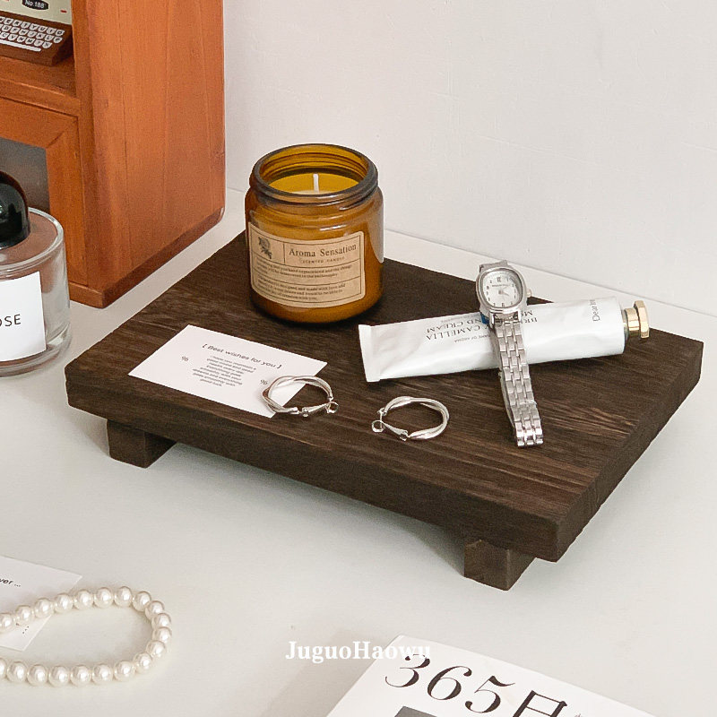 复古实木高脚香薰托盘香水首饰收纳盘方形置物架木质家居装饰摆件
