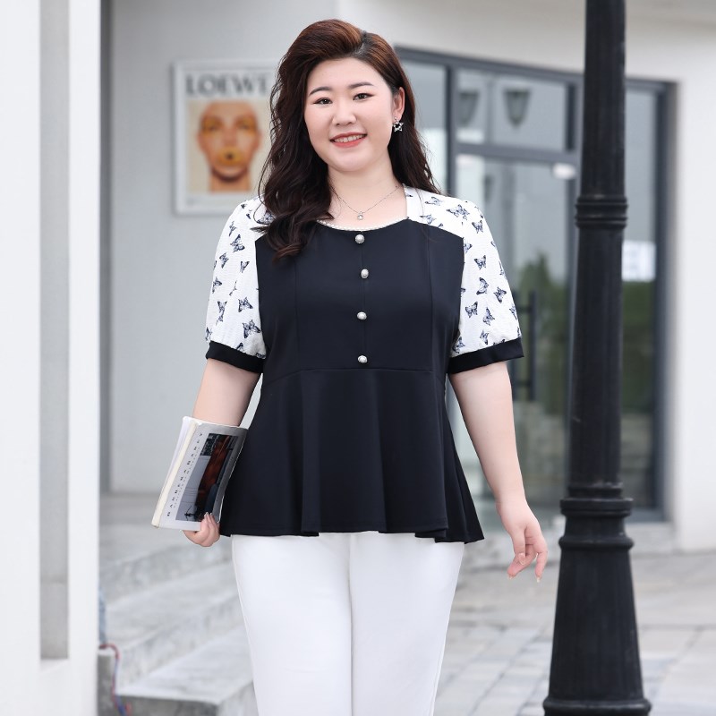 夏装新款上衣女胖j妈妈洋气方领加大码时尚拼接胖mm气质短袖T恤衫