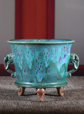 钧瓷摆件温红远大师炭烧吉象三足炉陶瓷家居摆件香炉焚香室内家用